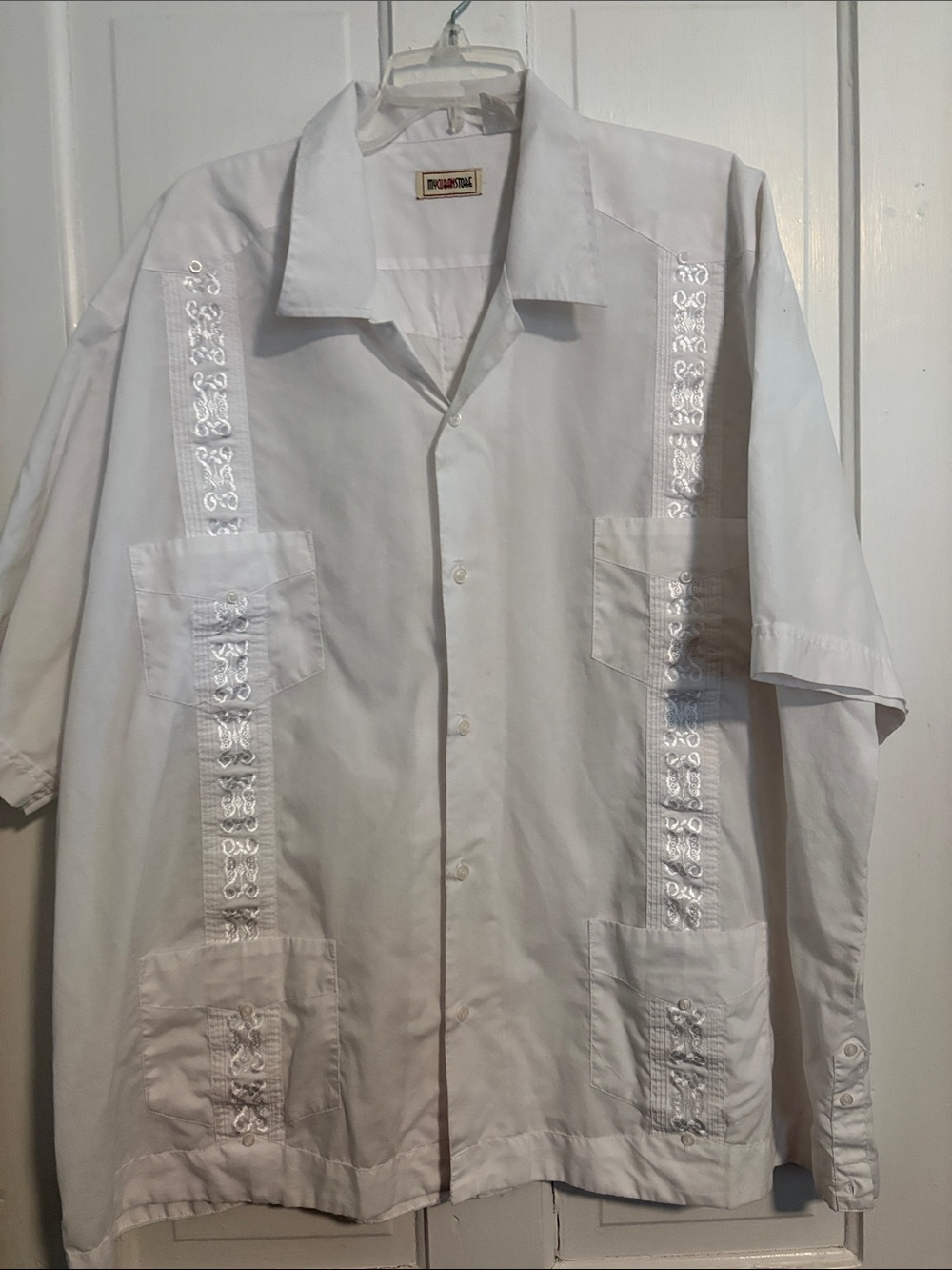 Classic White Embroidered Guayabera-Style Short Sleeve Shirt